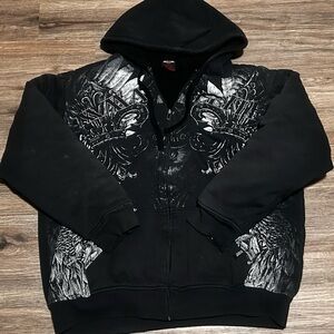 VTG MMA Elite Hoodie Mens Size XL Skull Tribal Gray Sherpa Lined Zip Up Y2K AOP